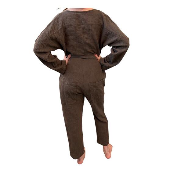 Stillwater Gauzy Boho Waffle Knit Romper Jumpsuit Dolman Sleeve Chocolate MED - Picture 3 of 7